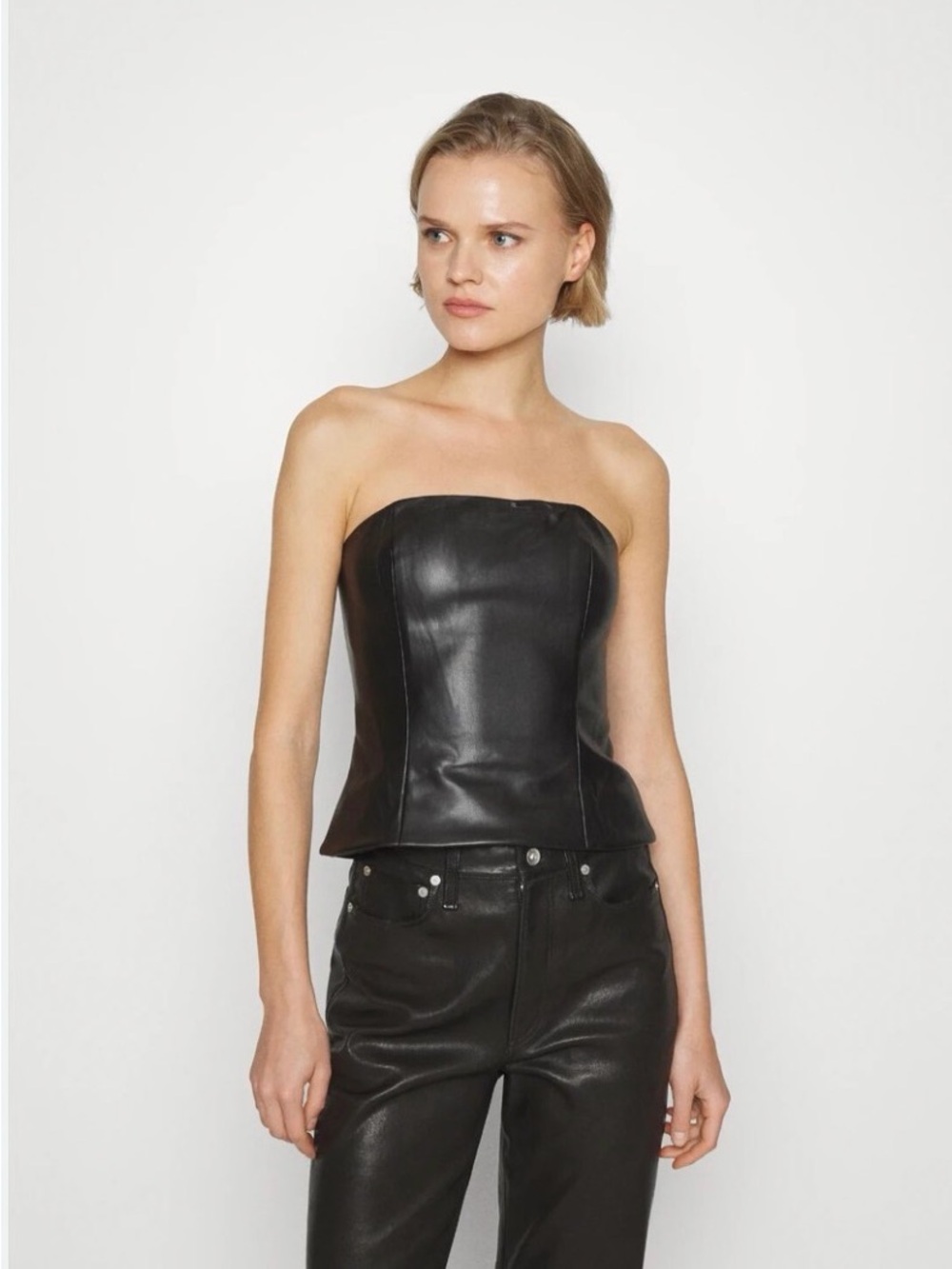 STAUD Tracing Black Faux Leather Corset Bustier Tube Top NWT 10